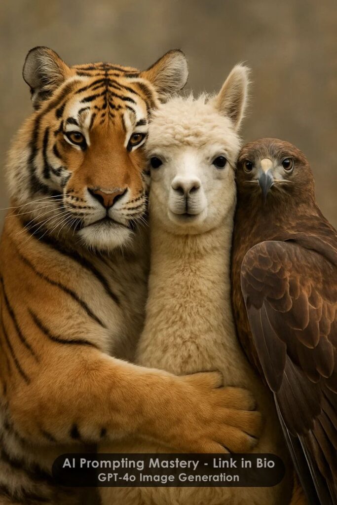 A striking AI-generated image featuring a tiger, alpaca, and hawk in a heartwarming embrace, showcasing t