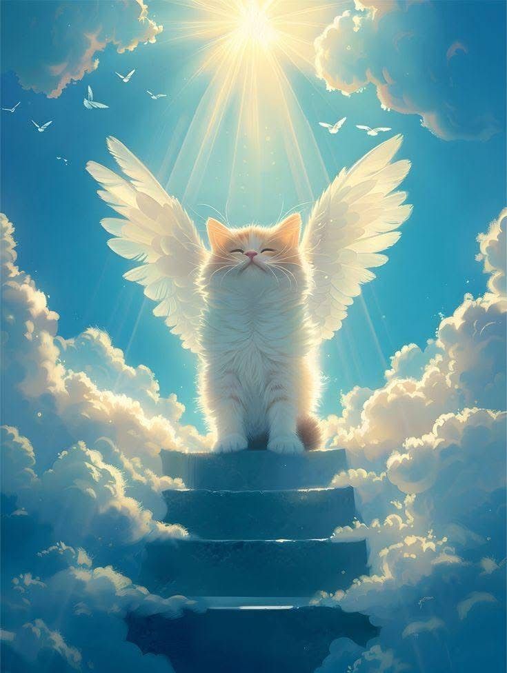 Discover the enchanting beauty of a winged cat perched on a staircase amidst clouds, bathed in divine sunlight. This stunning artwork features a serene orange and white cat with angelic wings, surrounded by birds and a radiant sky. Perfect for cat lovers and art enthusiasts seeking unique, heavenly-themed illustrations. Explore more divine feline art and celestial designs today!