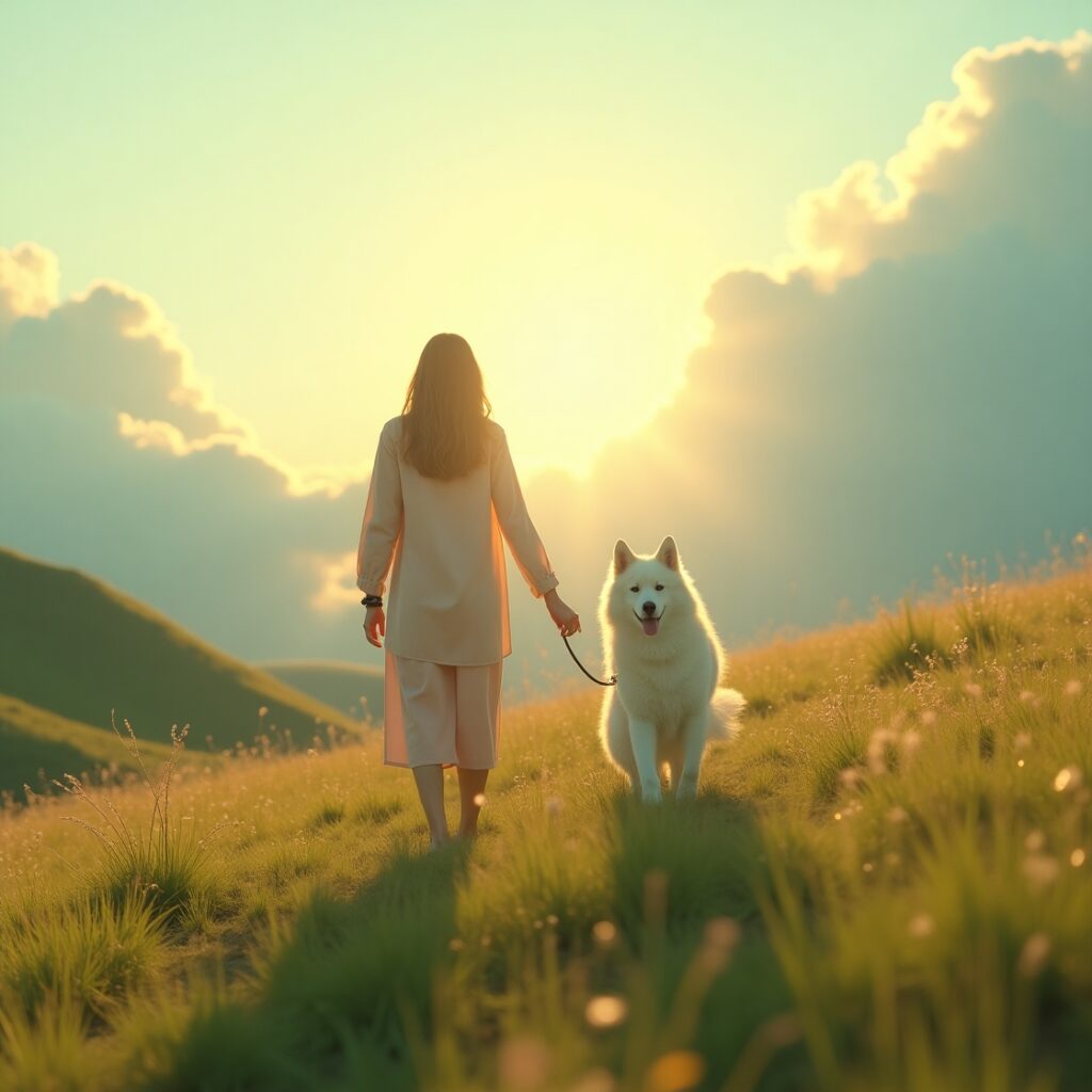 Person and dog walking in a luminous, peaceful heaven-like setting, representing eternal companionship."