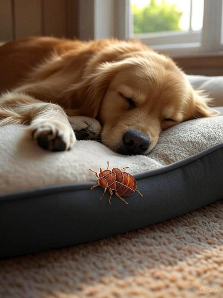 “Can dogs carry bed bugs? Golden retriever resting while an enlarged bed-bug graphic highlights hidden hitchhikers.”