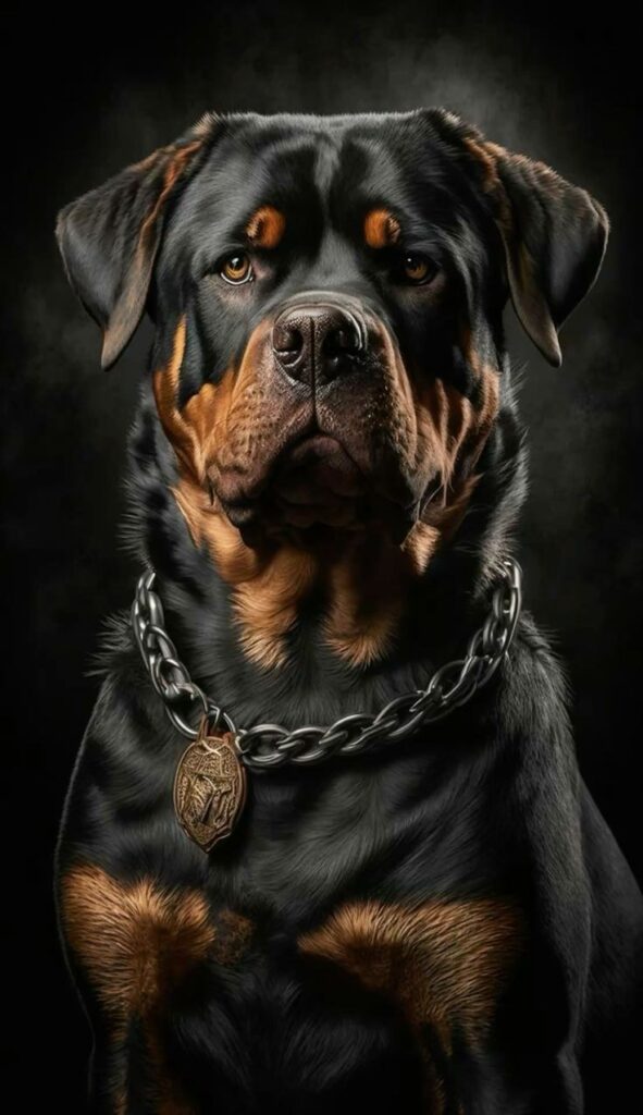 Majestic Rottweiler with glossy black and tan coat, wearing a thick chain collar with a detailed medallion, against a dark smoky background, ideal for dog lovers and pet photography enthusiasts."