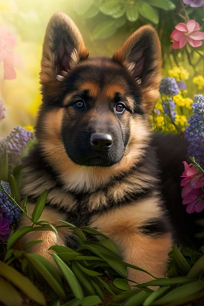 Adorable German Shepherd puppy with striking blue eyes sitting in a vibrant garden filled with colorful flowers and lush green leaves, perfect for pet lovers and nature enthusiasts."