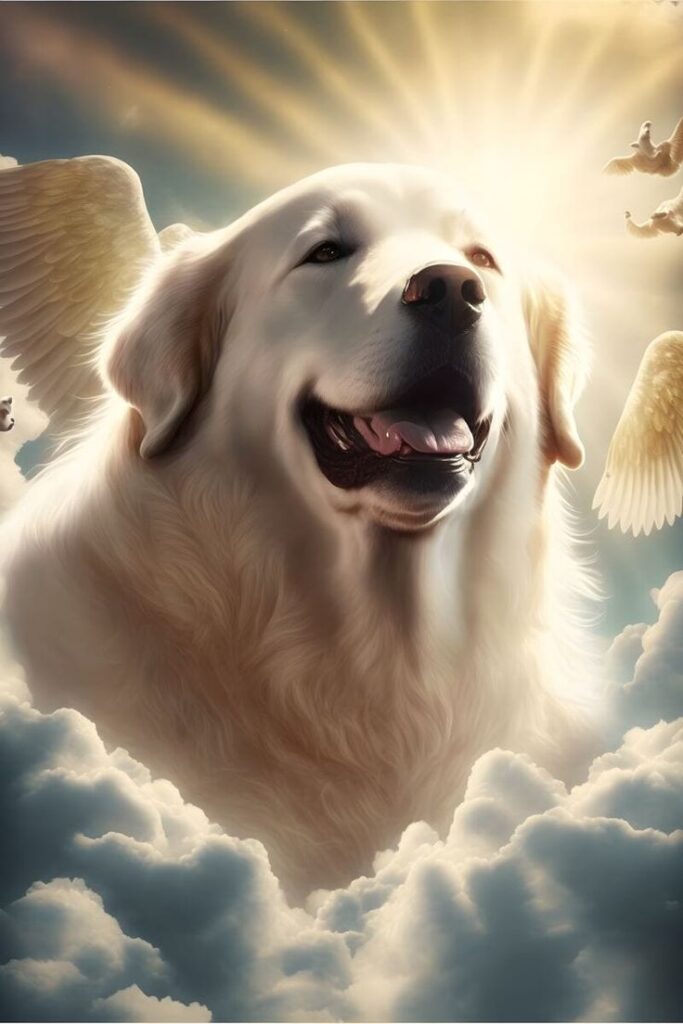 “Heavenly golden retriever with angel wings in clouds, symbolizing pets in paradise — spiritual hope and animal afterlife in Christian belief.”