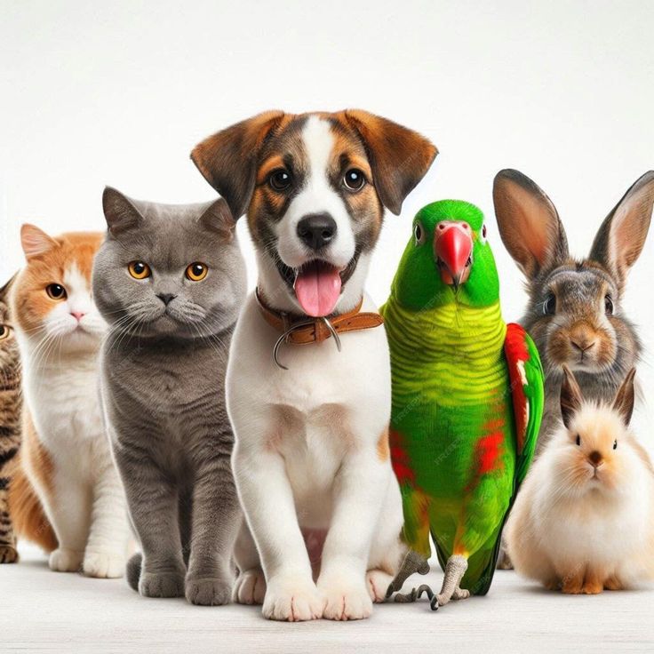 A vibrant group photo of a dog, cat, parrot, and rabbit standing together, highlighting a colorful and diverse pet lineup