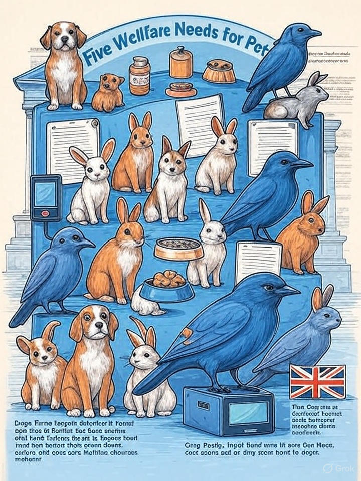 An infographic illustrating the five welfare needs for pets in a circular design, featuring icons: a house for environment, a food bowl for diet, playing animals for behavior, grouped pets for housing, and a medical cross for health. The background includes a British legal document, styled with a professional blue color scheme.