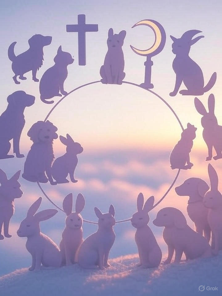 A serene illustration displaying various religious symbols—cross, crescent, and om symbol—alongside silhouettes of different pets—dog, cat, bird, and rabbit—in a harmonious composition. The design uses soft pastel colors to create a spiritual ambiance, reflecting a respectful and inclusive style.