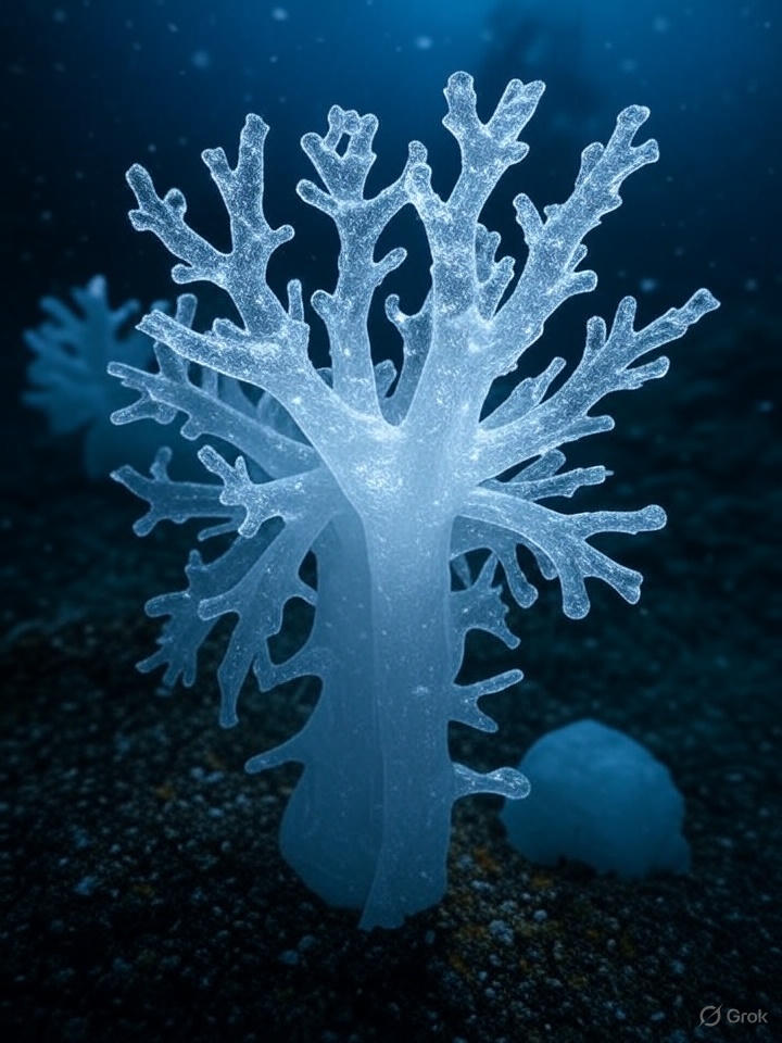 "An ethereal underwater scene featuring an ancient glass sponge (Scolymastra joubini) in the Antarctic deep sea, showcasing its translucent white structure with delicate, elongated tendrils. The sponge is illuminated by soft, ethereal lighting, surrounded by a gentle flurry of marine snow, captured in a documentary photography style with crystal clear details."