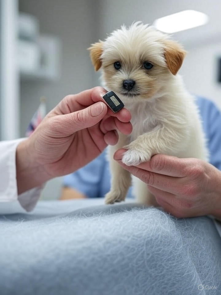 A close-up of a veterinarian's hands inserting a microchip into a cute puppy in a medical setting. The microchip device is visible, with a small UK flag element in the background. The environment is clean and medical, captured in a realistic photography style with professional lighting.
