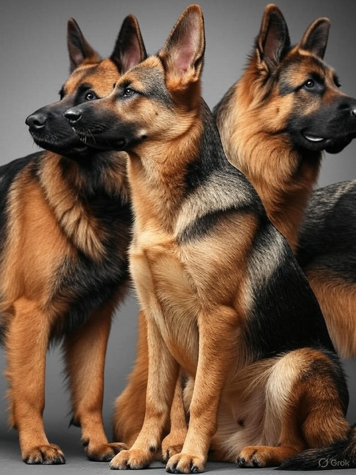 A side-by-side comparison of three dogs in profile view against a neutral background, captured with professional studio lighting. From left to right: a medium-sized German Shepherd, a large Shiloh Shepherd, and an extra-large King Shepherd, clearly showing size differences. The image is styled for breed identification, highlighting their distinct builds and coats.