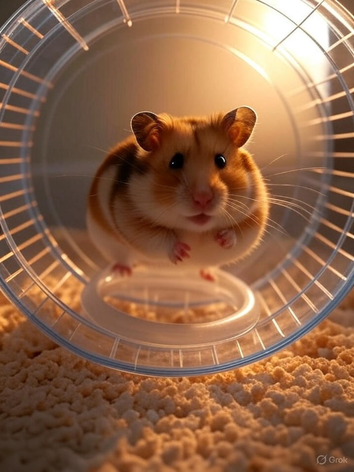 A Syrian hamster running on an exercise wheel in a modern cage setup, captured in an action shot with sharp focus. The scene is bathed in warm lighting, emphasizing the hamster's active lifestyle.