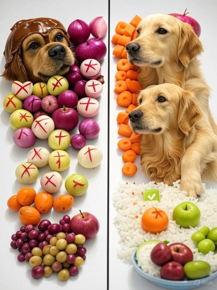 A split screen image on a clean white background. The left side shows dangerous foods—chocolate, grapes, and onions—each marked with a red X. The right side displays safe foods—carrots, apples, and rice—each marked with a green checkmark.