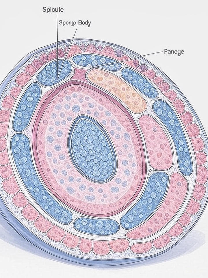 "A scientific illustration of a cross-section diagram of a glass sponge, highlighting its cellular structure in an educational infographic design. The diagram features labeled parts including spicule, spong body, panage, and choanocyte, depicted on a white background with detailed layers in pink, blue, and beige tones."