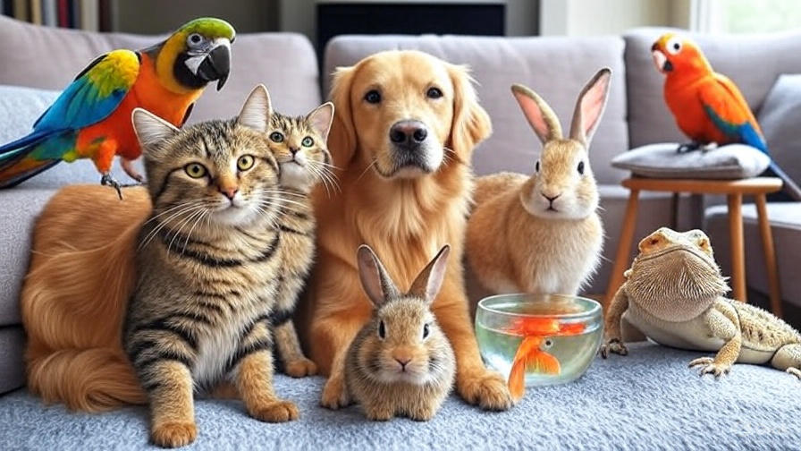 "Various types of domestic pets including dogs, cats, birds, fish, and reptiles representing legal pet classifications"