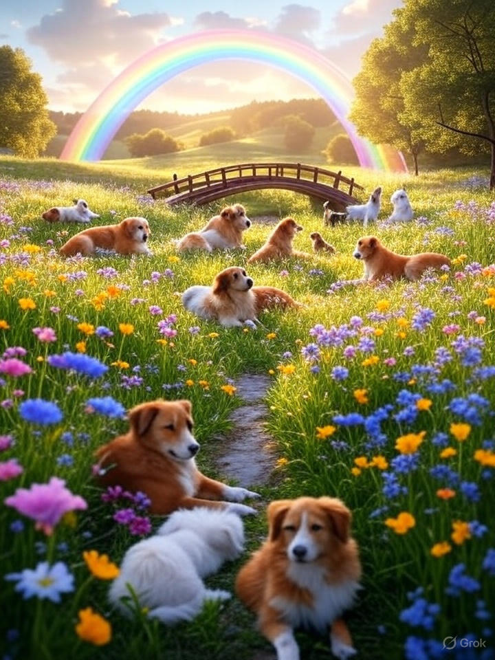 "A glowing Rainbow Bridge in a serene meadow where pets wait peacefully."
