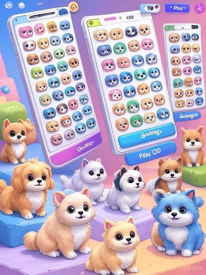 A mockup of the Pets GO game interface, a browser-based pet collection game UI, showcasing an inventory screen with various pet icons, colorful game buttons, health bars, and a coin counter. The design features a clean, modern web layout, mobile-responsive elements, cute pet avatars, and game HUD components.