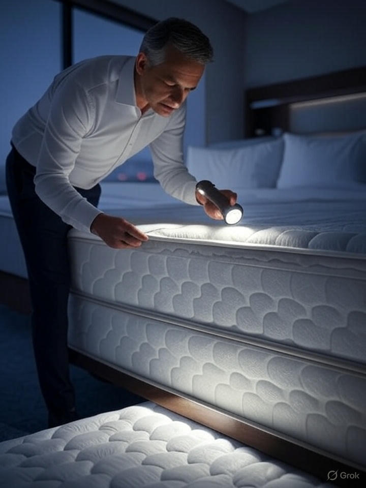 A professional traveler inspects a hotel bed for bed bugs using a flashlight, pulling back white sheets to reveal mattress seams. The scene is set in a modern hotel room background, captured in a realistic photography style with high quality, designed for educational purposes with a clean composition.