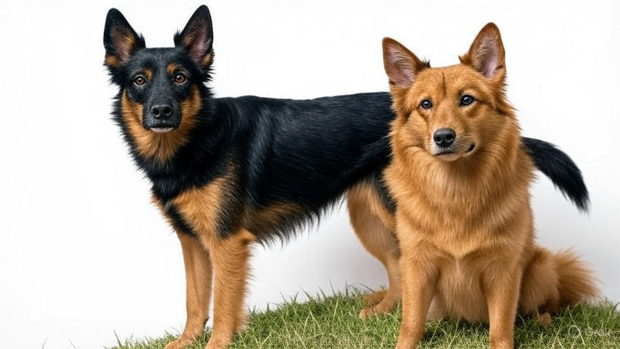 A side-by-side comparison of a male and female Kelpie German Shepherd mix, showcasing size variations. The male has a black and tan coat, while the female has a red and tan coat. Both dogs are in a standing pose, highlighting height and build differences, against a clean white background with professional studio lighting.