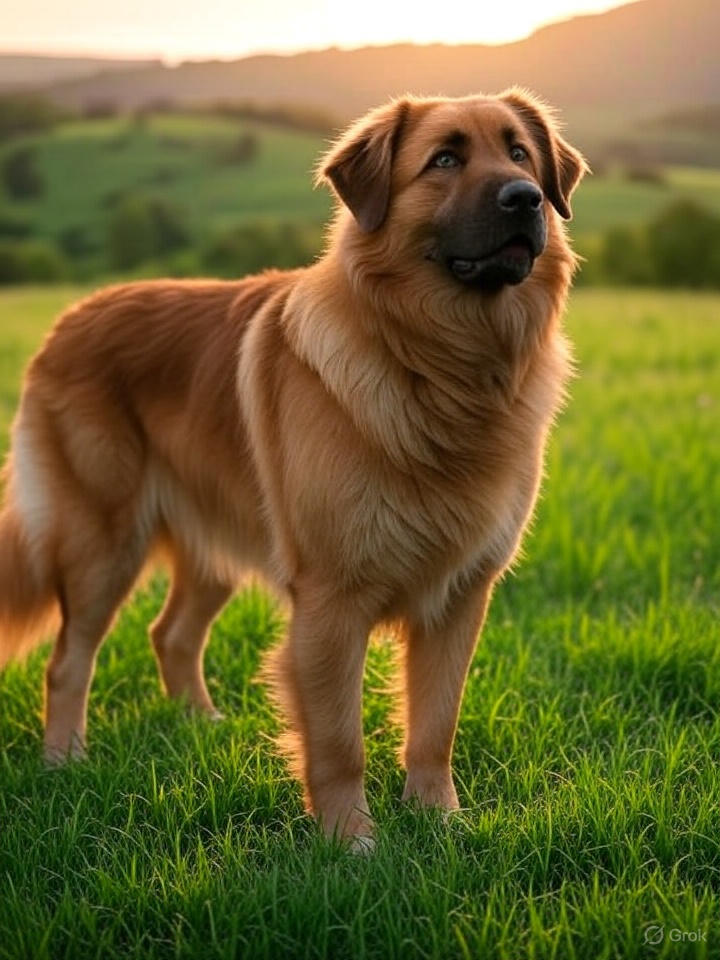 A majestic King Shepherd dog stands proudly in a lush green meadow during golden hour lighting. The large and powerful dog has a thick sable-colored double coat, alert ears, and a confident expression. The scene is captured in a professional dog photography style with high resolution, resembling Canon camera quality.
