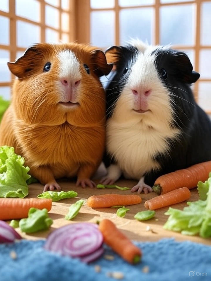 Two adorable guinea pigs sitting together in a clean, spacious cage filled with fresh vegetables. The image is taken with natural daylight using macro photography, highlighting the detailed fur texture and their cute expressions.
