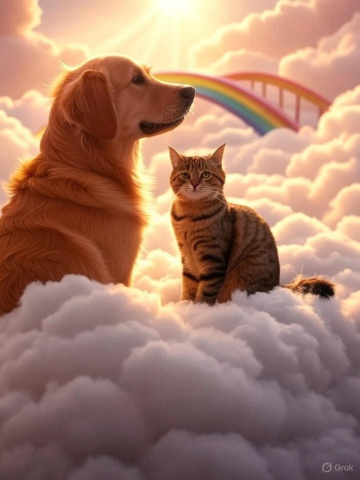 A peaceful, ethereal scene featuring a golden retriever and a tabby cat sitting together on fluffy white clouds. The scene is bathed in soft golden light rays from heaven, with a rainbow bridge in the background, creating a warm and comforting atmosphere. Rendered in a high-quality digital art style, it evokes an emotional and uplifting mood.