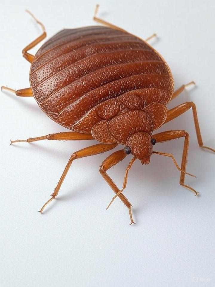 A realistic close-up illustration of a bed bug (Cimex lectularius) with a reddish-brown, flat oval body, showcasing detailed anatomy. Rendered in a scientific illustration style on a white background, this high-resolution educational diagram serves as a learning tool.