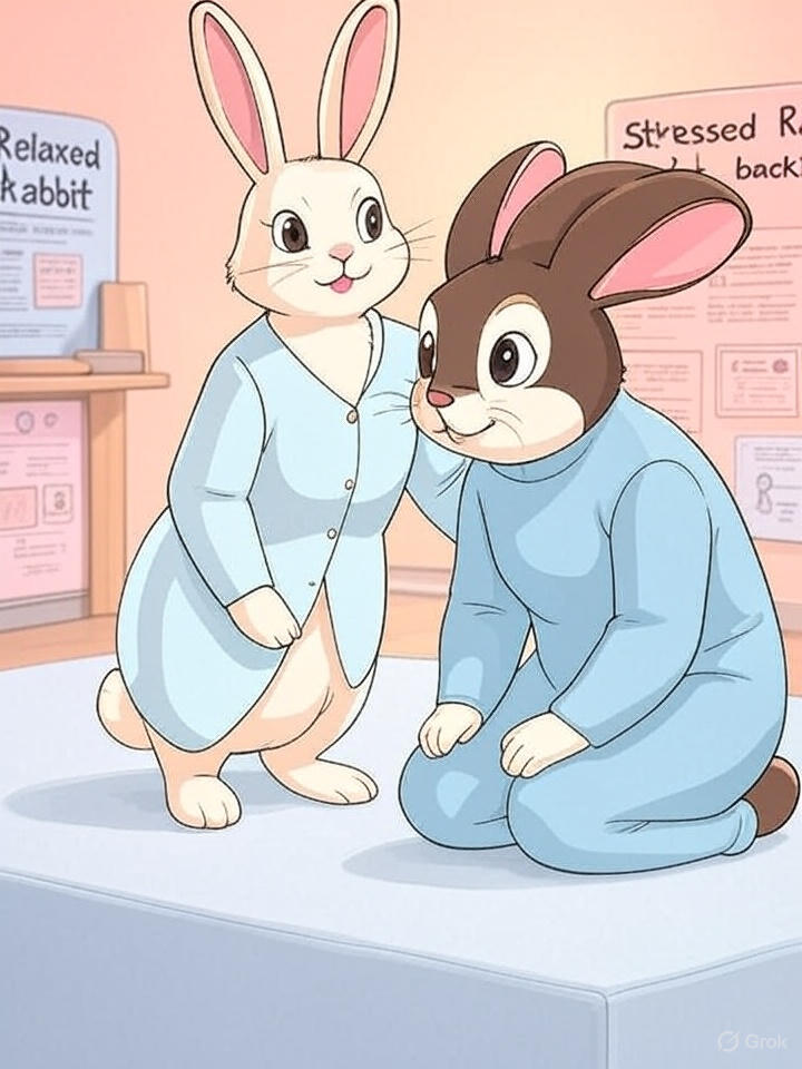 "Rabbit body language guide showing relaxed vs stressed rabbit positions"
