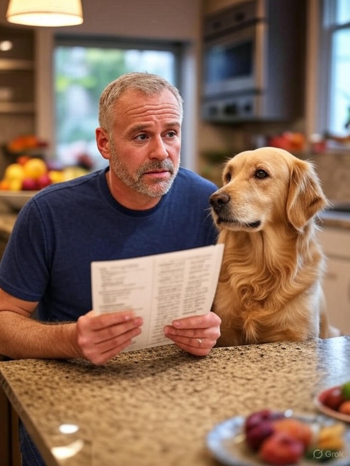 A concerned dog owner reads a list while their golden retriever sits beside them in a modern kitchen. Various human foods are visible on the counter, captured in a photorealistic style with warm lighting.