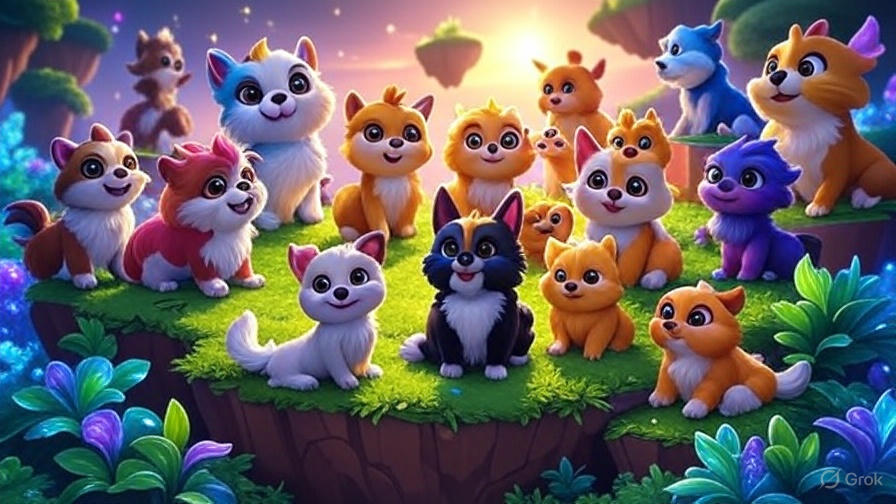 A colorful digital pets collection in a magical virtual world, featuring rainbow pets with glowing effects, shiny variants, huge and titanic pets. The fantasy landscape background includes floating islands and magical sparkles, rendered in a vibrant, game art style with a browser game aesthetic, cute cartoon pets, and a 16:9 aspect ratio.