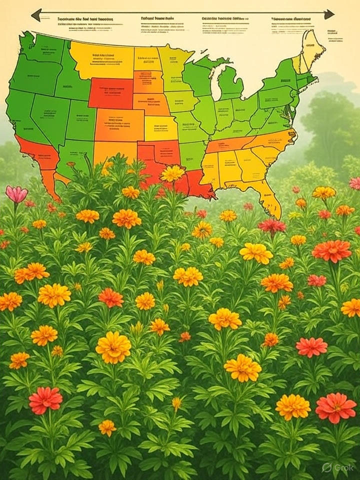 An illustrated map of the United States with colored zones representing pet burial laws by state. Green indicates allowed, yellow indicates restricted, and red indicates prohibited. The map is designed in a clean infographic style with professional design and easy-to-read labels, set against a background of colorful flowers.