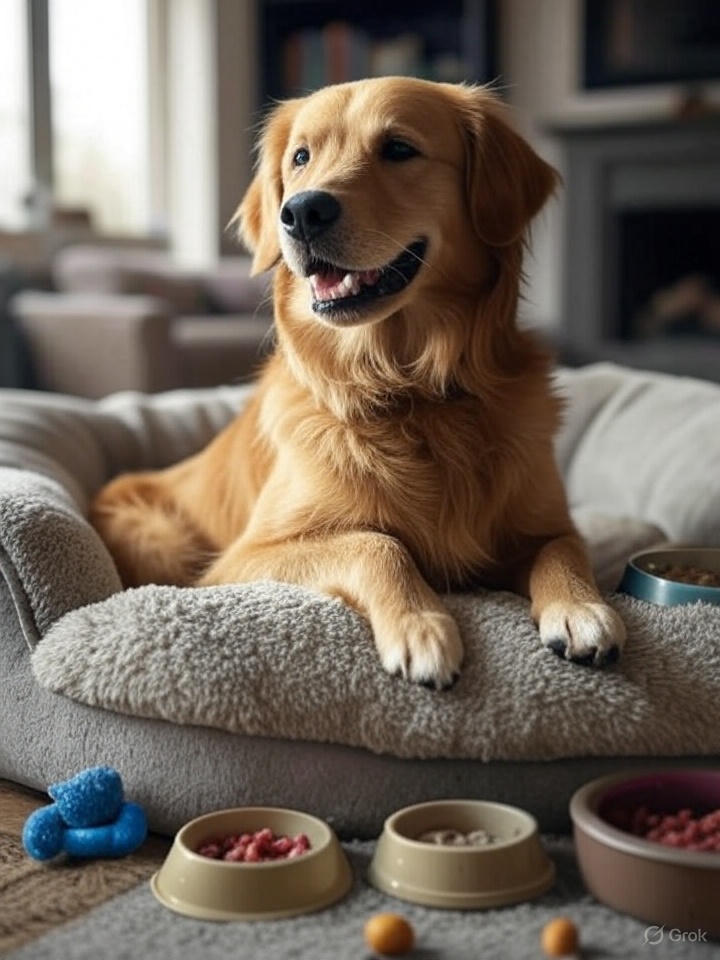 "Happy rescued golden retriever relaxing in new home showing successful pet adoption using 3-3-3 rule"