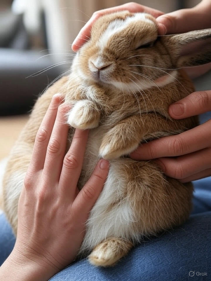 "Person gently petting a relaxed brown and white rabbit on the forehead, demonstrating proper rabbit petting technique"
