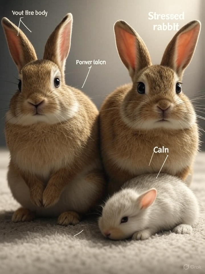 
"Educational diagram comparing calm versus stressed rabbit body language with labeled behavioral indicators"