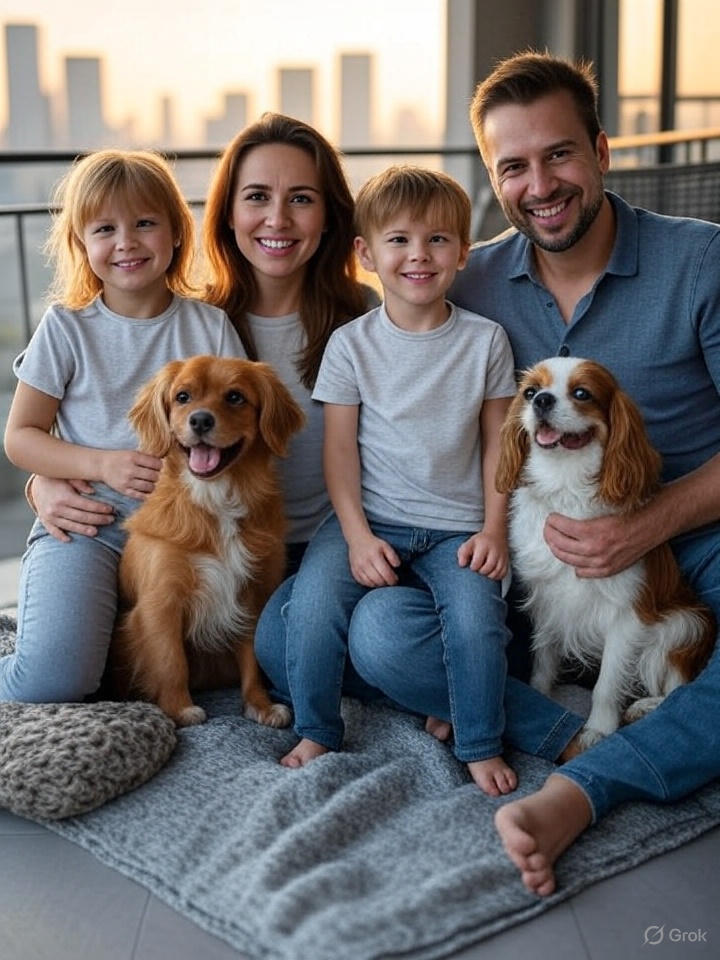 "Happy family with children and dog on apartment balcony - best dog breeds for apartment living with kids"
