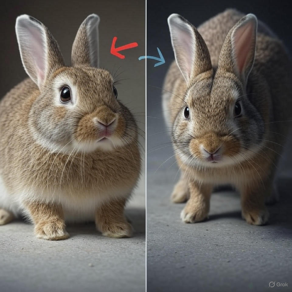  "Rabbit stress signals including flattened ears and tense body posture"