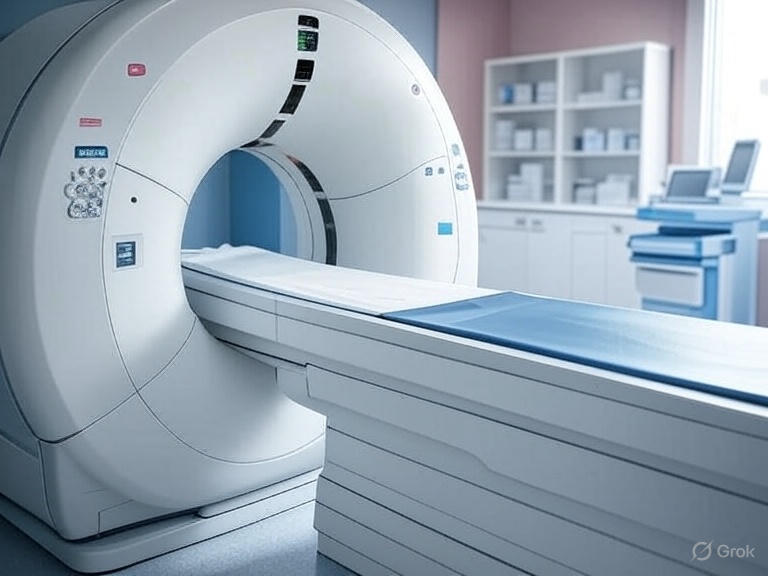 Modern PET-CT scanner in hospital radiology department with patient bed and advanced medical imaging equipment