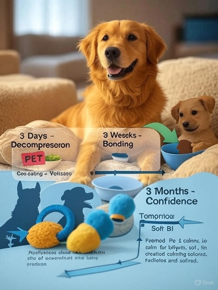 "3-3-3 rule infographic showing pet adaptation timeline: 3 days decompression, 3 weeks bonding, 3 months confidence building"