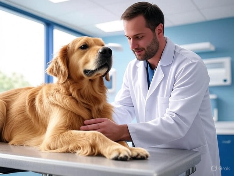 "Emergency veterinarian examining golden retriever in modern animal hospital emergency room with advanced medical equipment"