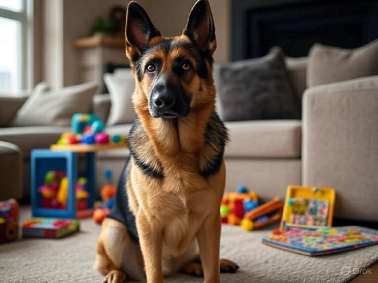 "German Shepherd dog in family home surrounded by mental stimulation toys and puzzle games"