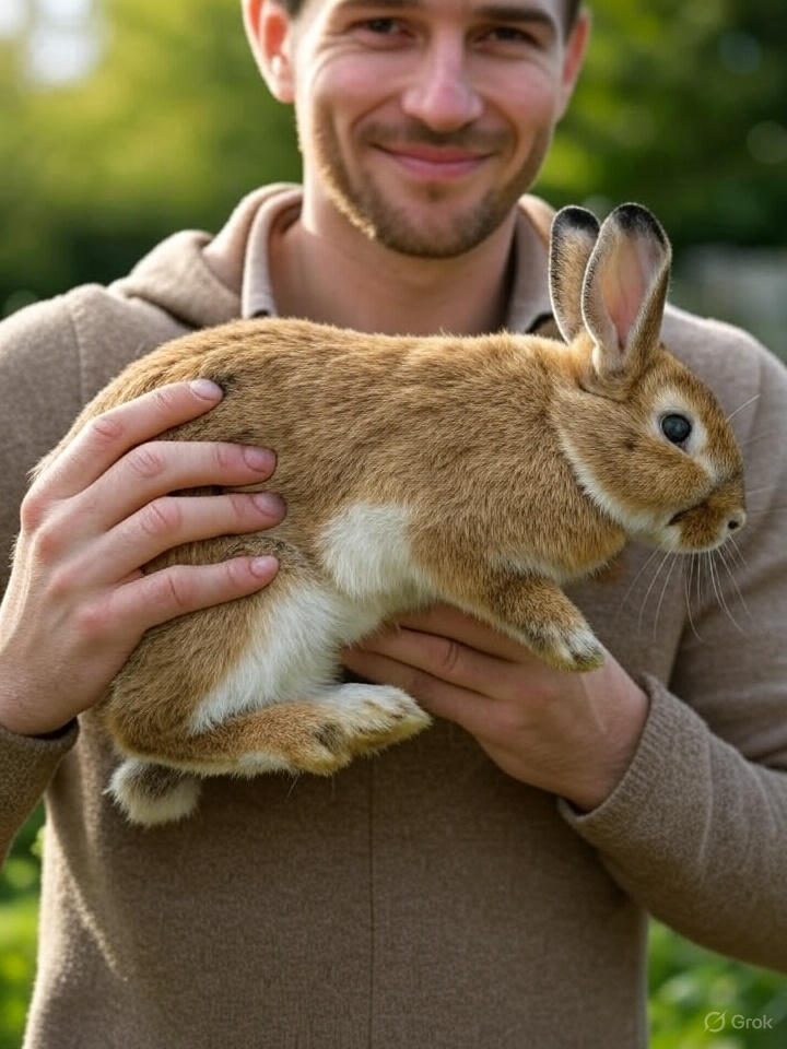 : "Person demonstrating how to pick up a rabbit safely with proper hand positioning"