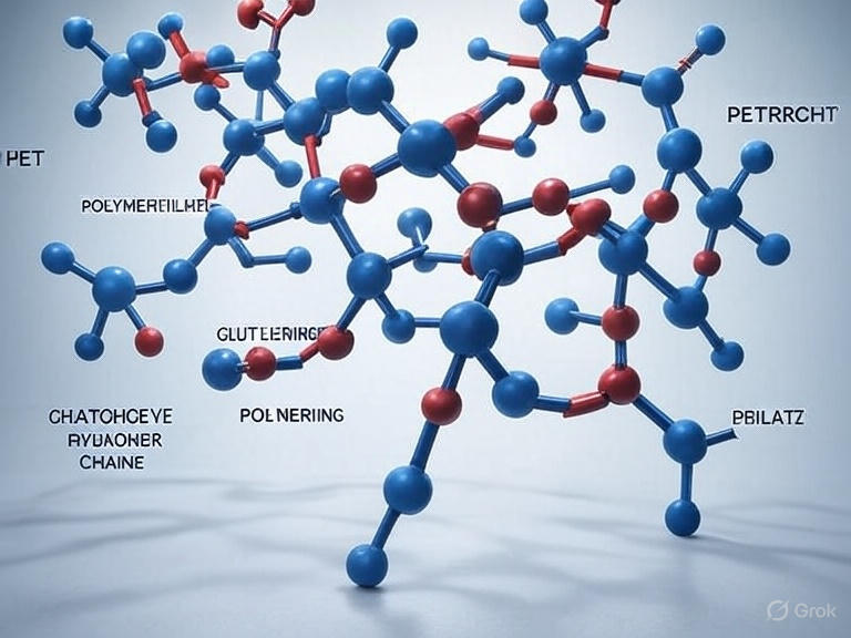 "Chemical structure diagram of Polyethylene Terephthalate (PET) polymer showing molecular bonds and atomic arrangement"