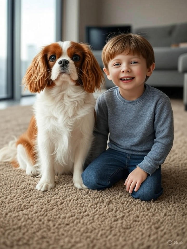 "Cavalier King Charles Spaniel with child in apartment living room - perfect family dog for small spaces"