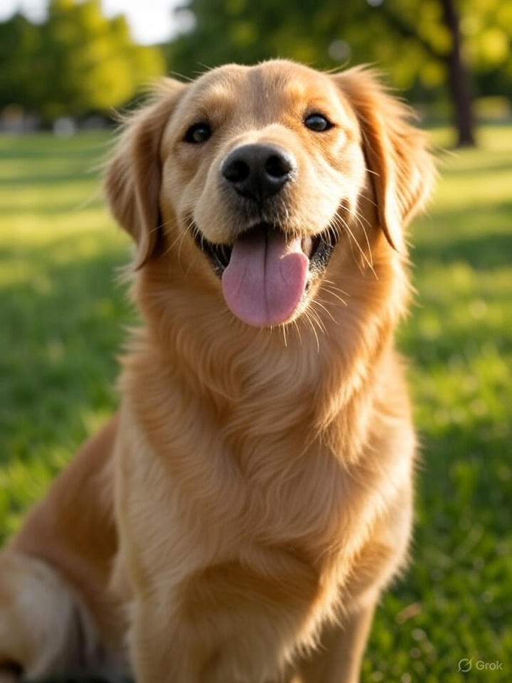 heartwarming scene of a three-legged golden retriever playing happily in a sunny park, running with a bright red ball in its mouth, showing joy and energy despite missing one front leg. The dog's tail is wagging, and there are green trees and blue sky in the background.