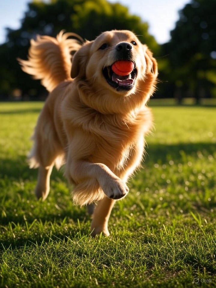 A heartwarming scene of a three-legged golden retriever playing happily in a sunny park, running with a bright red ball in its mouth, showing joy and energy despite missing one front leg. The dog's tail is wagging, and there are green trees and blue sky in the background.