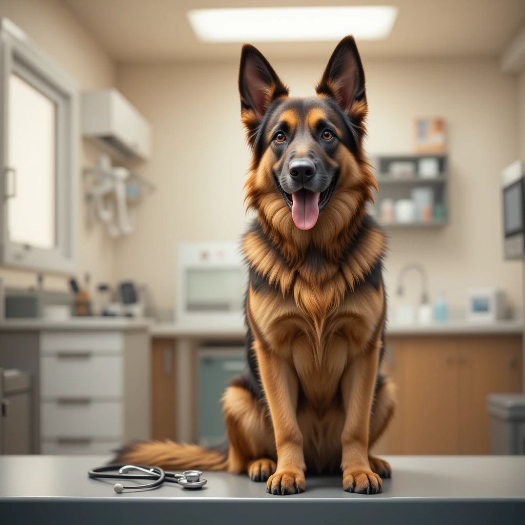 "Healthy German Shepherd dog sitting in modern veterinary clinic with medical equipment showing preventive healthcare for breed-specific health issues"