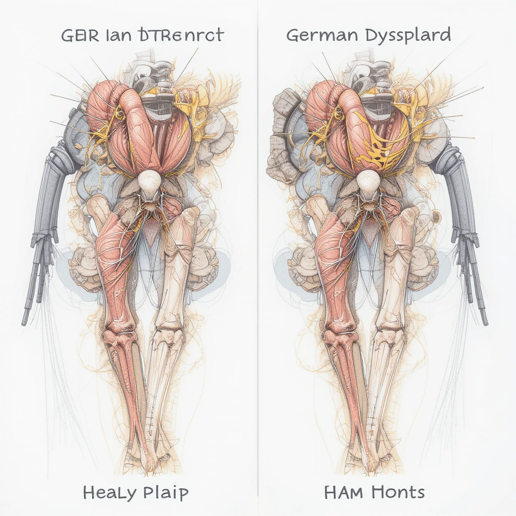 "Medical diagram comparing healthy German Shepherd hip joint versus hip dysplasia showing joint malformation and arthritis development"
